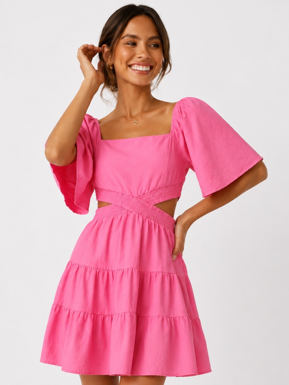 Shy Velvet Pink Cutout Mini Dress Size M Cottagecore Sleeve Dress Barbiecore